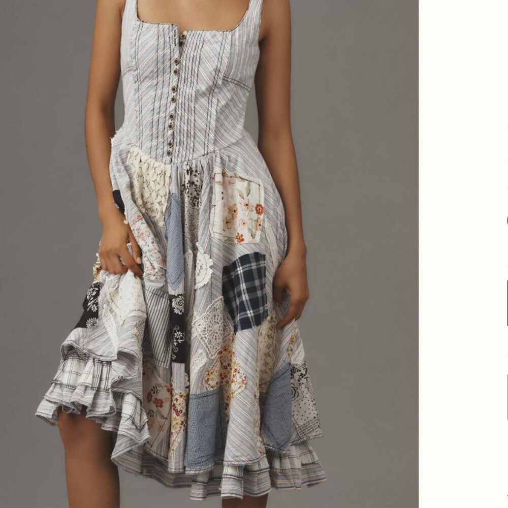 Anthropologie Pilcro Jenna Scoop Neck Drop-Waist Patchwork Dress Boho Cinderella